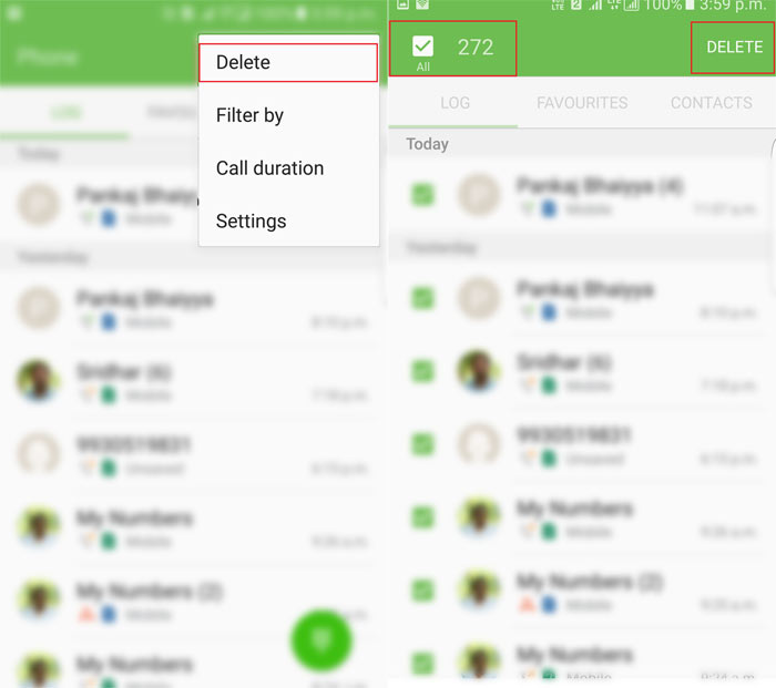 delete call log on samsung