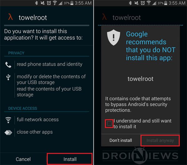 towelroot install warning
