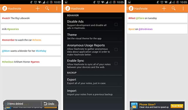 Hashnote app settings