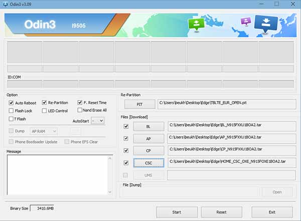 Odin firmware flash screenshot