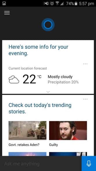 cortana information screen
