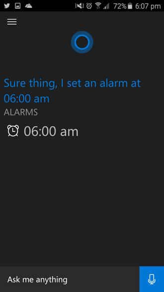 set alarm time in cortana