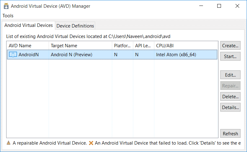 android n start avd