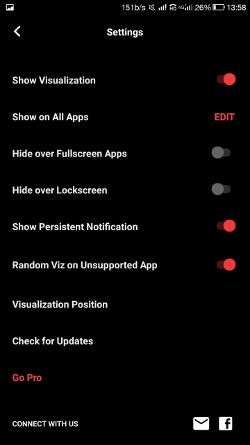 Settings Menu of MUVIZ Nav Bar Audio Visualizer