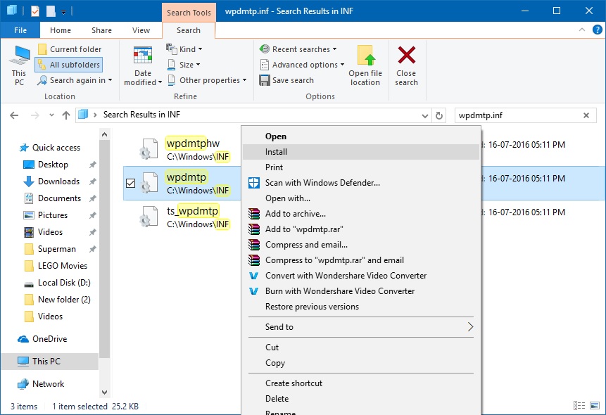 Fix MTP driver installation on Windows 10