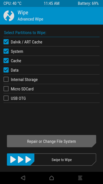 select wipe partitions twrp