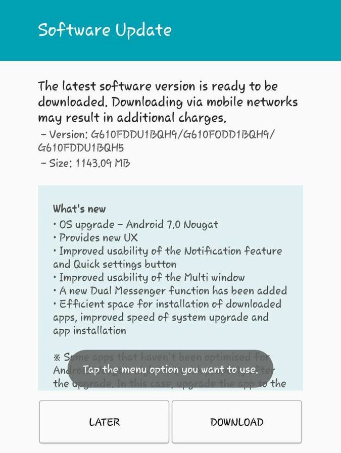 Samsung Galaxy J7 Prime update changelog