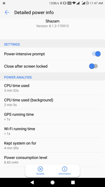 Shazam battery consumption data