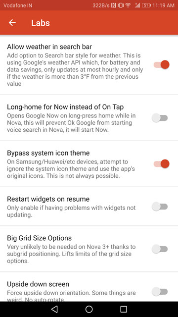 nova launcher labs options
