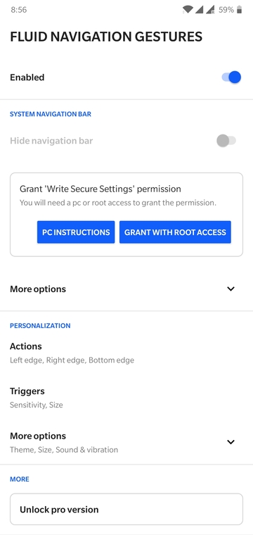 Fluid Navigation Gestures settings
