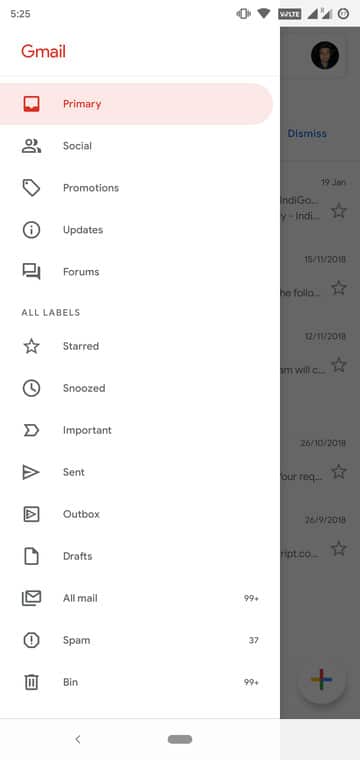 Gmail Update menu
