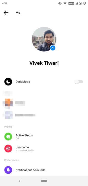 dark mode on facebook messenger toggle