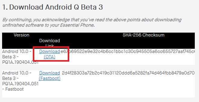 Android Q beta download page