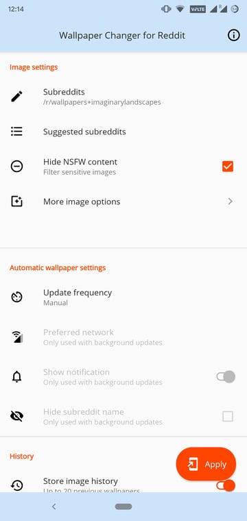 Wallpaper Changer for Reddit settings