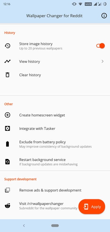 wallpaper changer settings page