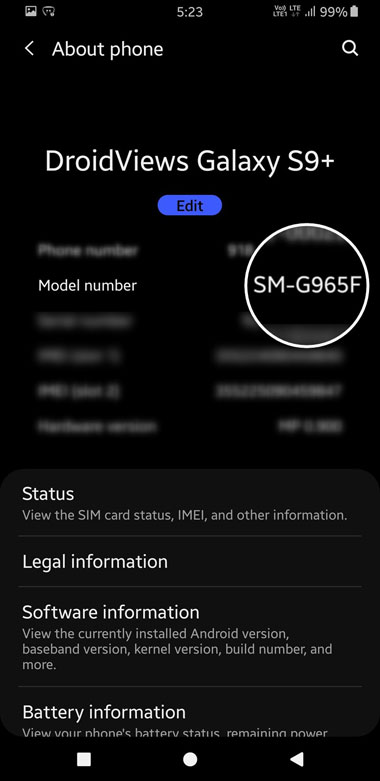 Samsung about phone screen