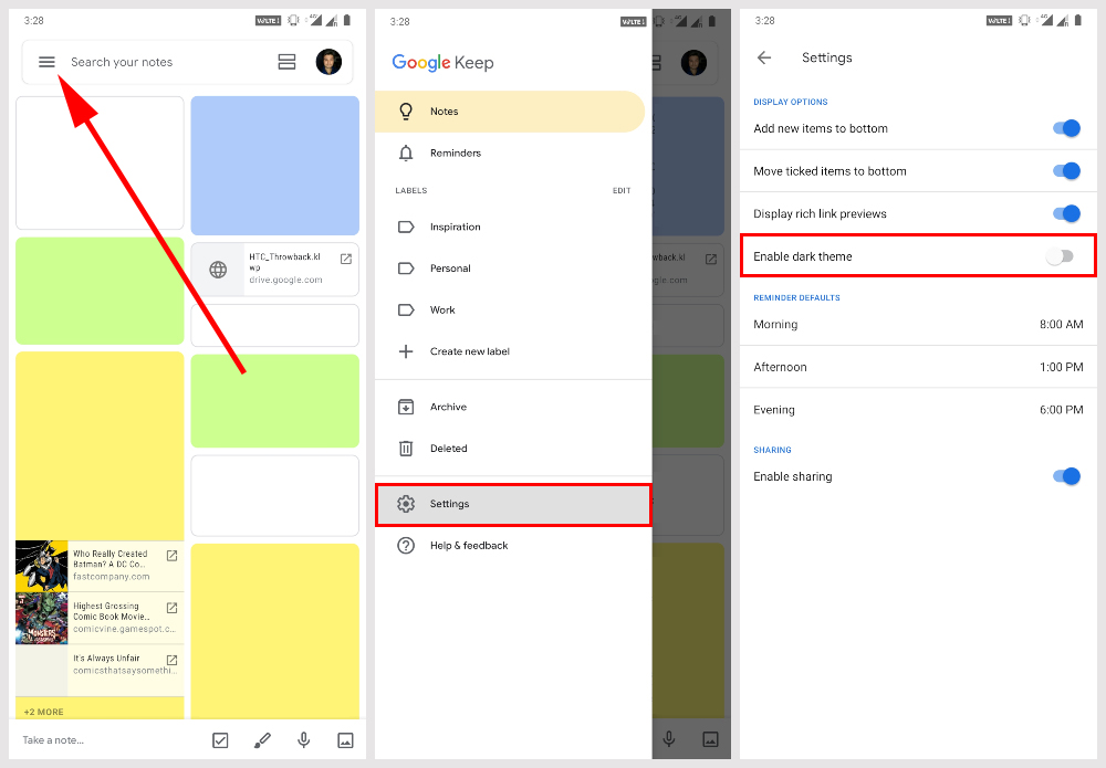 steps to enable google keep dark theme