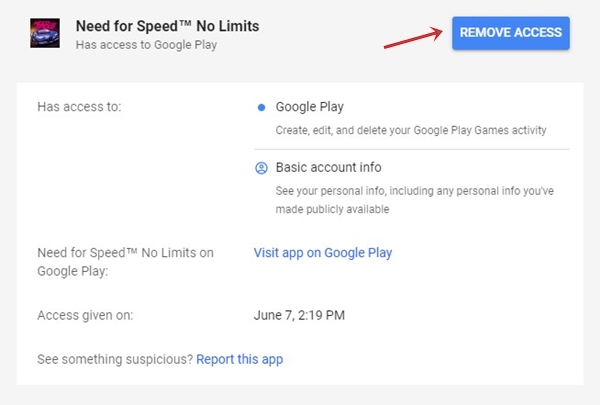 Google Remove Access Button