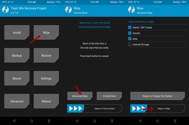 twrp advanced wipe option