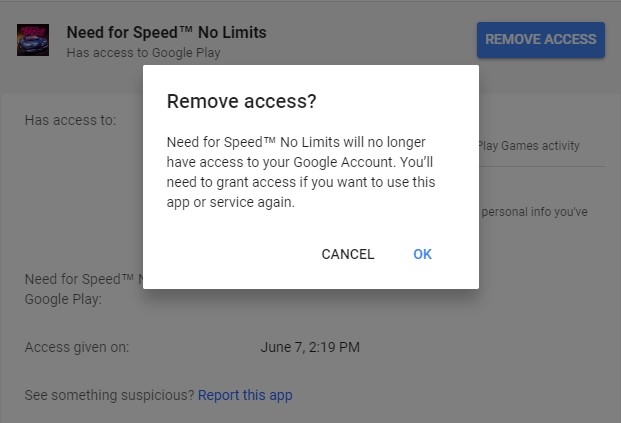 Remove Access Confirmation