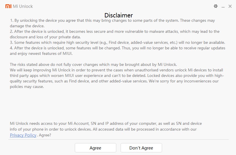 Mi Flash Unlock Tool- Disclaimer