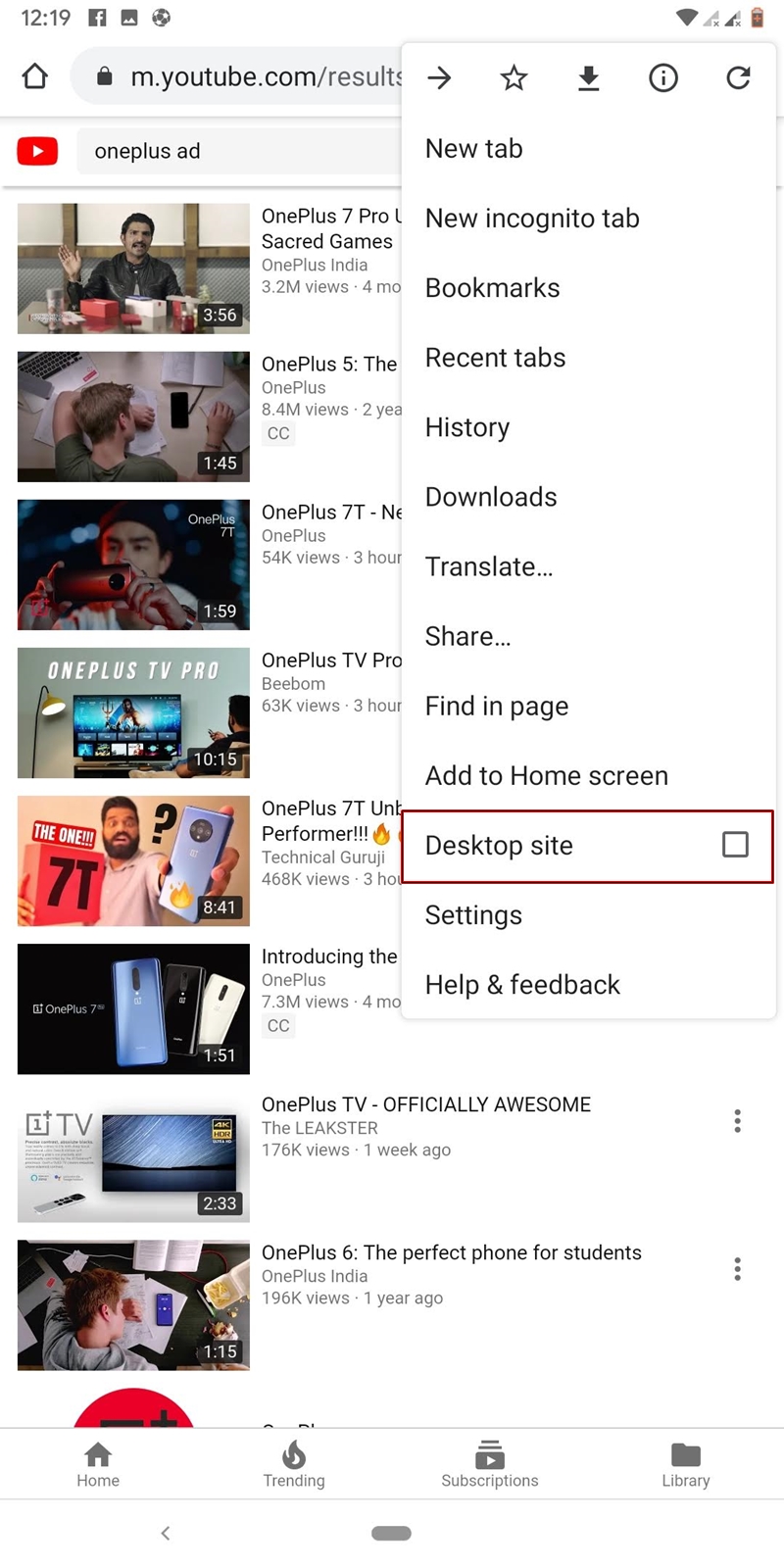 Youtube desktop site option