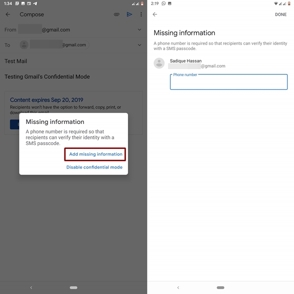 enter phone number in gmail