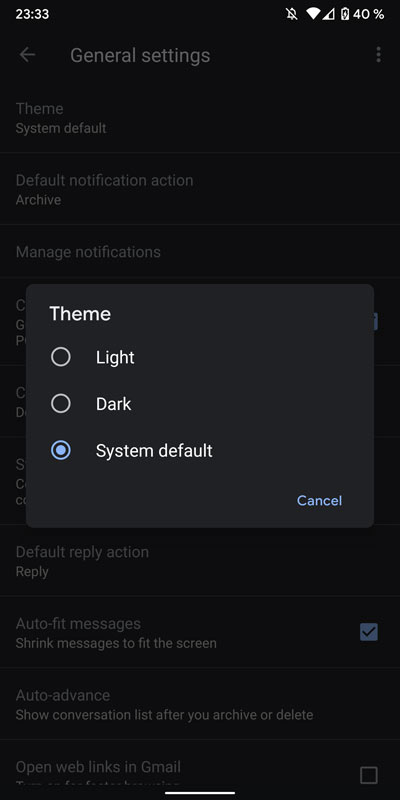 gmail android dark theme