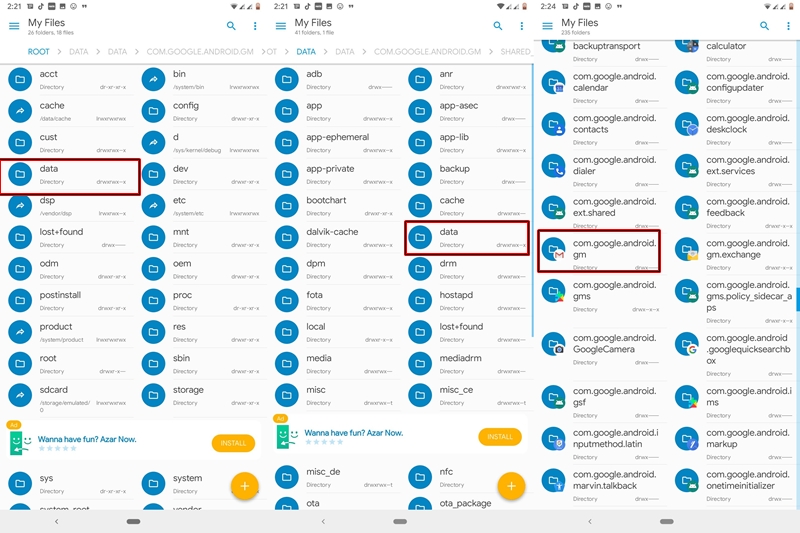 gmail data in root directory