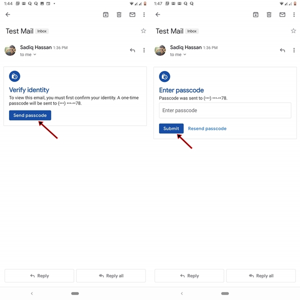 submit passcode in gmail