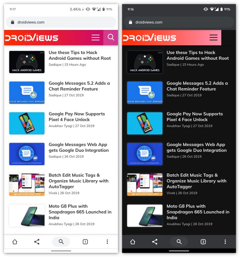 normal vs forced dark mode in chrome