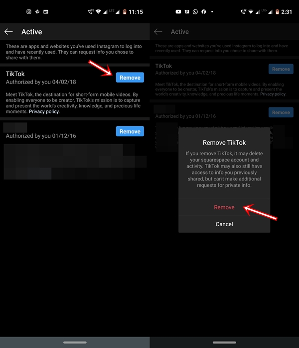 remove instagram data