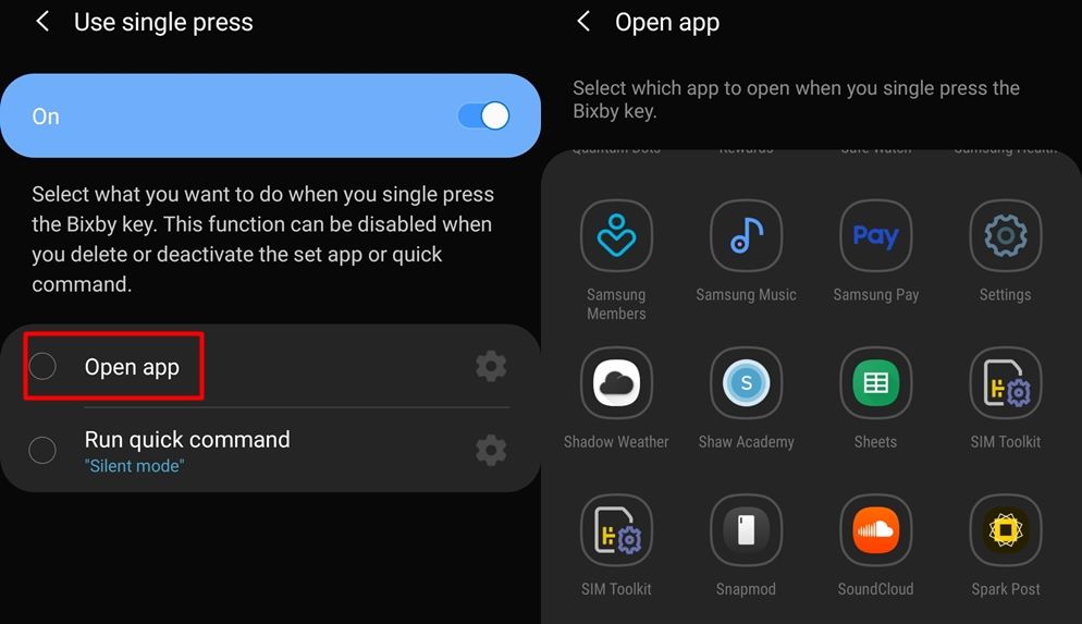 Bixby key app selection