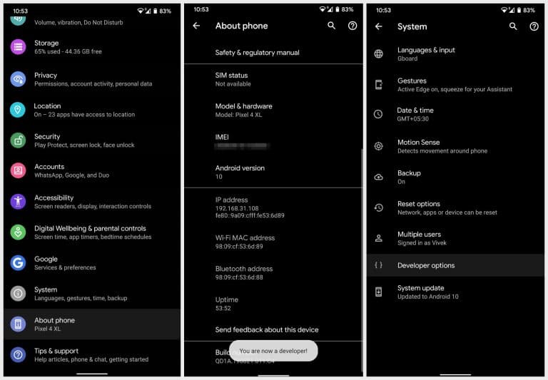 Developer Options Pixel 4