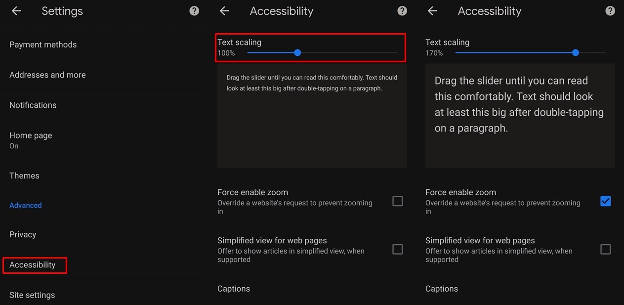 Chrome Text scaling settings