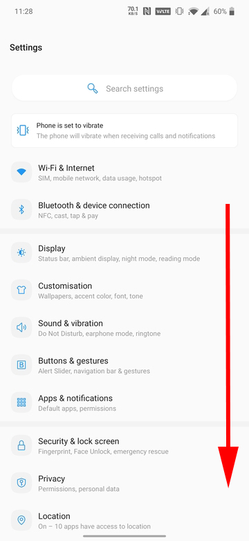 OnePlus Settings scroll down