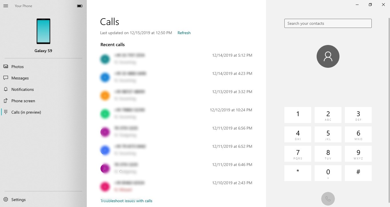 Phone calls via Your Phone