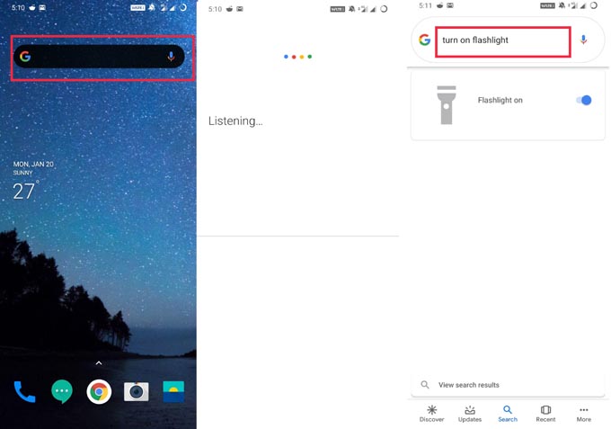 turn flashlight on Google Assistant app