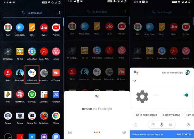 method to turn flashlight on Google Assistant app