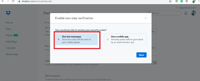 Enable Two Factor Authentication text message option