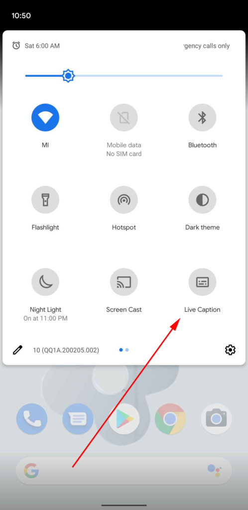 Live Caption in quick settings panel