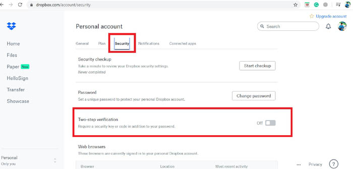 Enable Two Factor Authentication for Dropbox