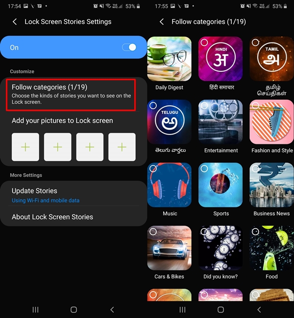 lock screen categories