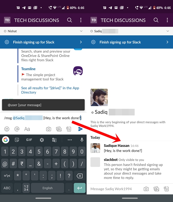 message slack command