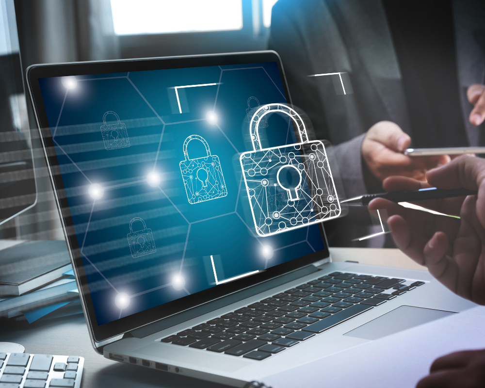 Laptop with a virtual lock, representing cyber security
