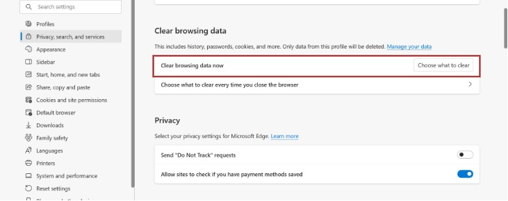 Clearing browsing data in Edge