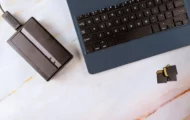Picture of laptop connected to an external drive.