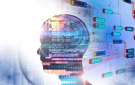 A silhouette of a man with code around it.