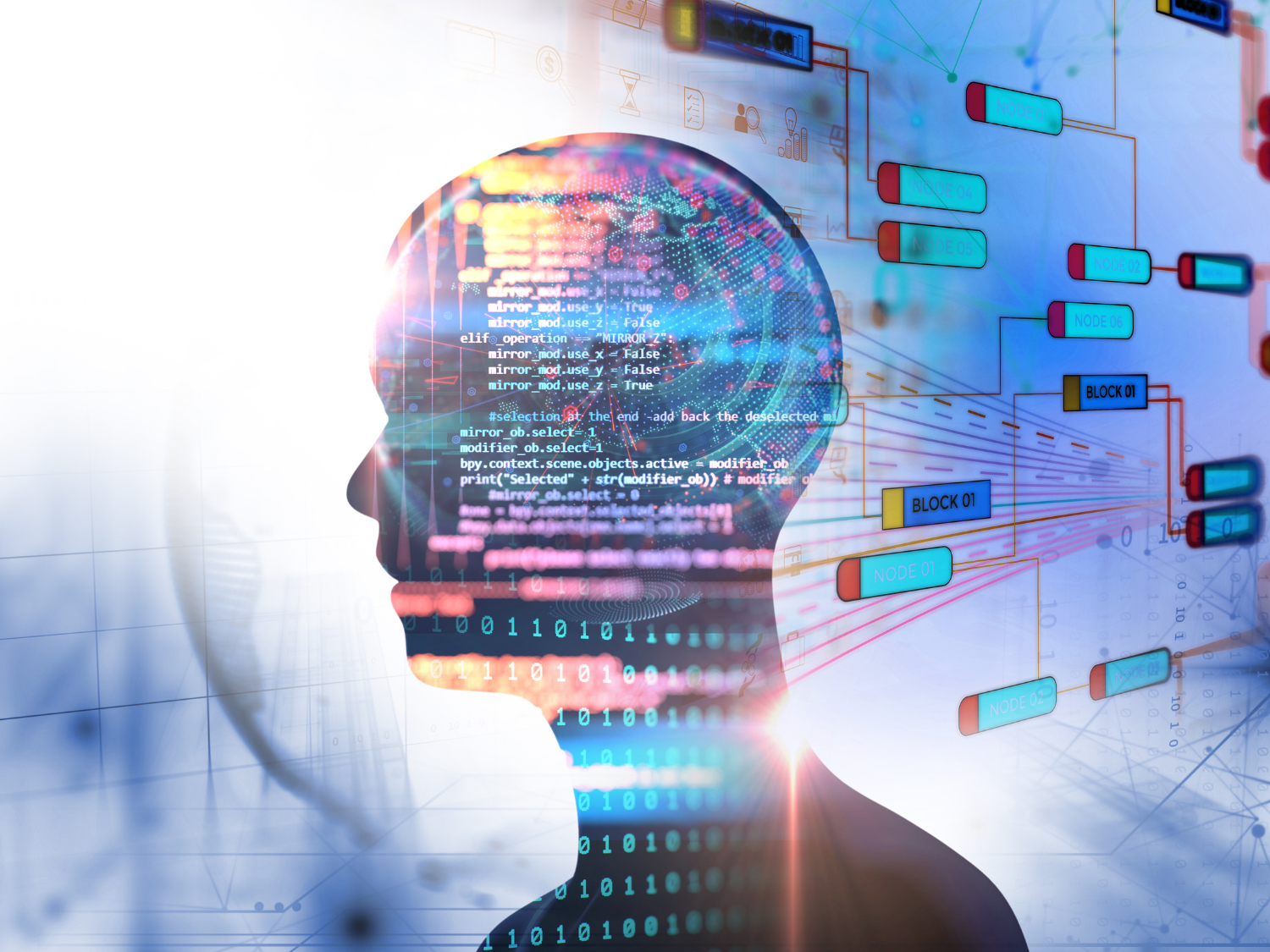A silhouette of a man with code around it.