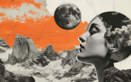 A Woman's Face With A Picture Of The Moon And Mountains.